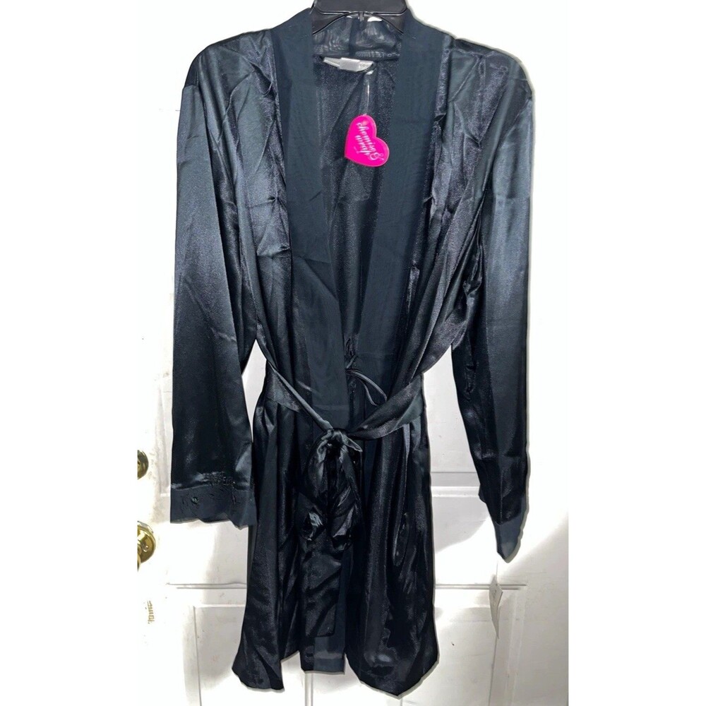 Morgan Taylor Intimates Women's Black Satin Tie Belted Robe V-Neck size XL
